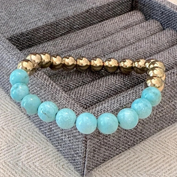 Boutique Jewelry - Turquoise Beaded 18k PVD Stainless Steel Ball Stretch Bracelet Waterproof